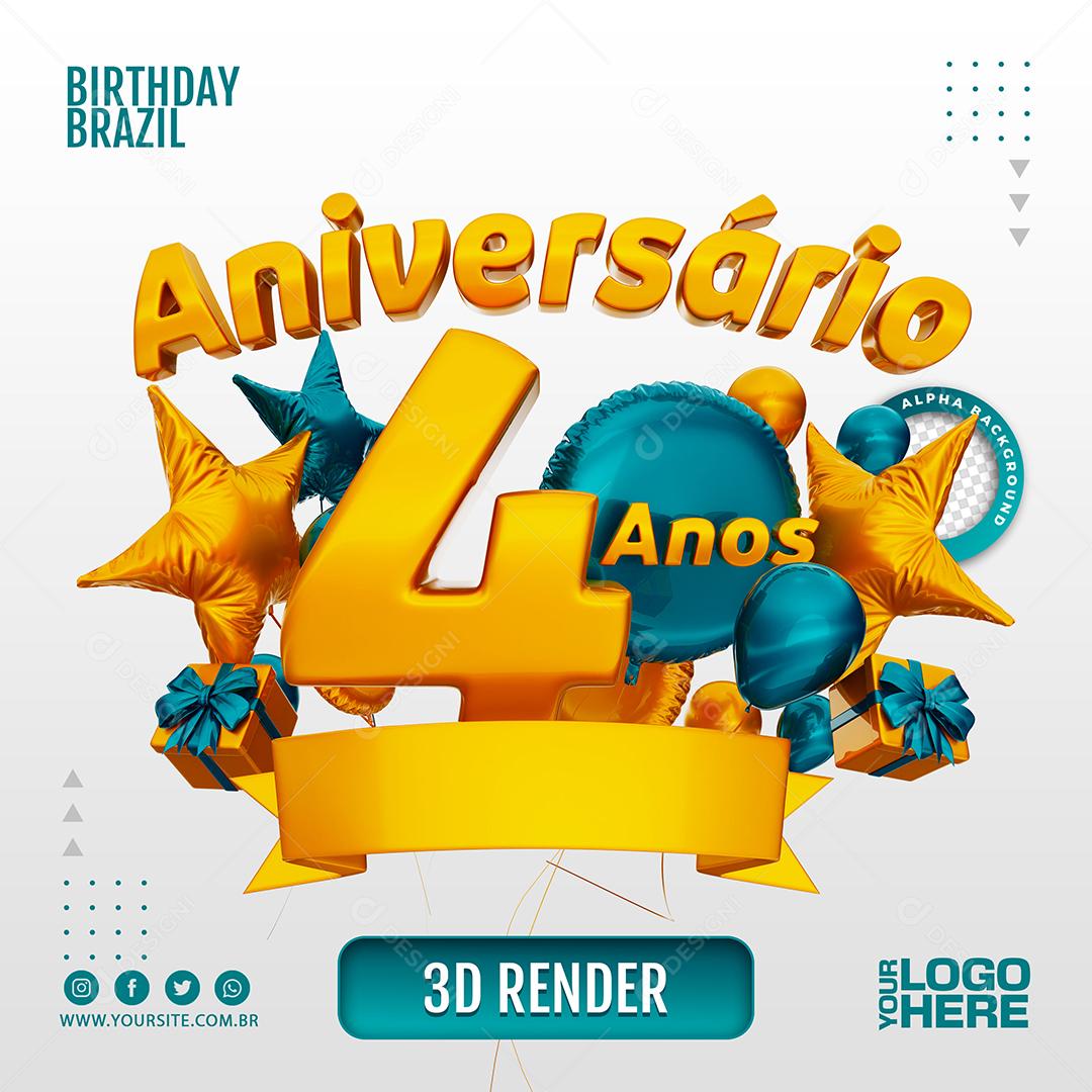 Aniversário 4 Anos Selo 3D Azul para Composição PSD
