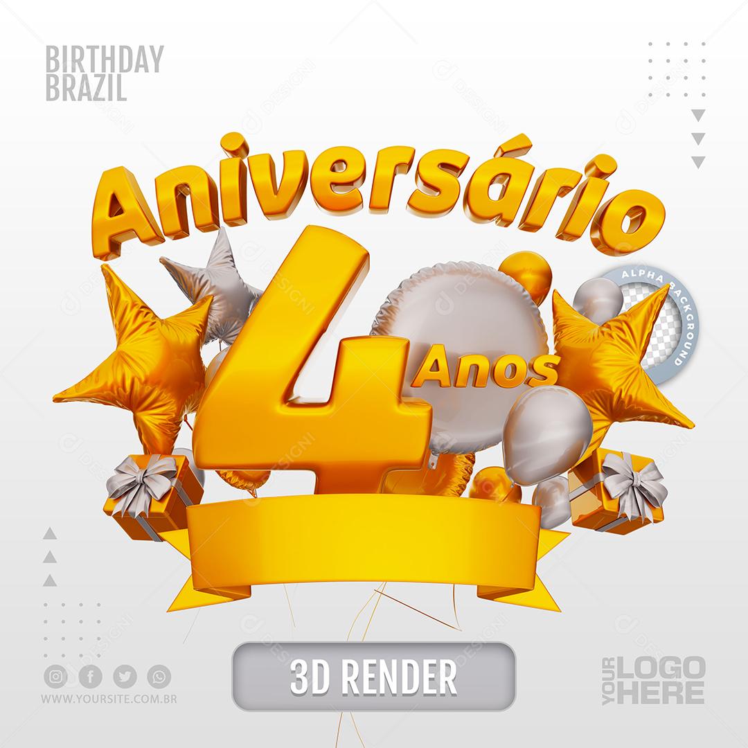 Aniversário 4 Anos Selo 3D Branco para Composição PSD