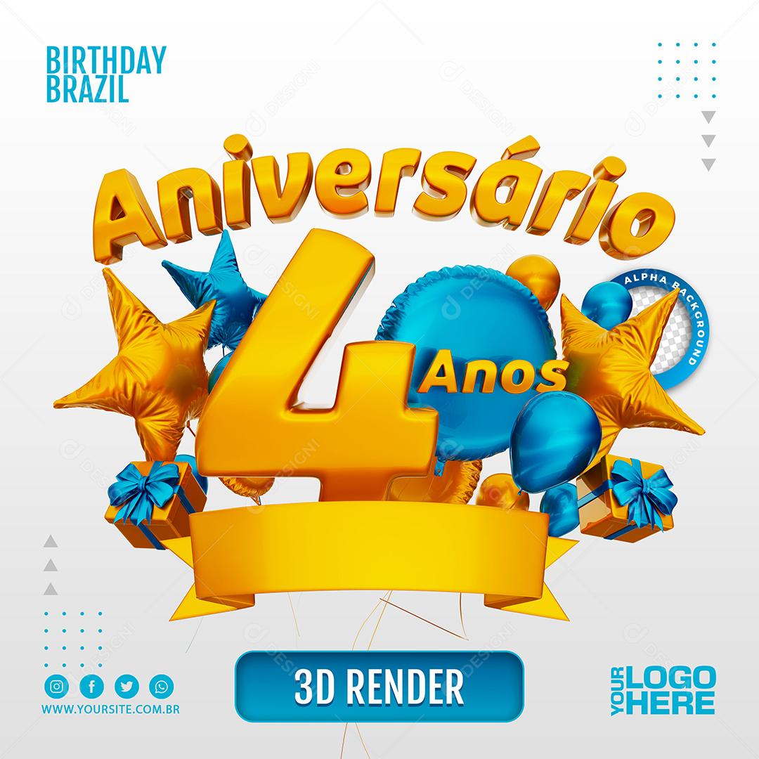 Aniversário 4 Anos Selo 3D Azul Claro para Composição PSD