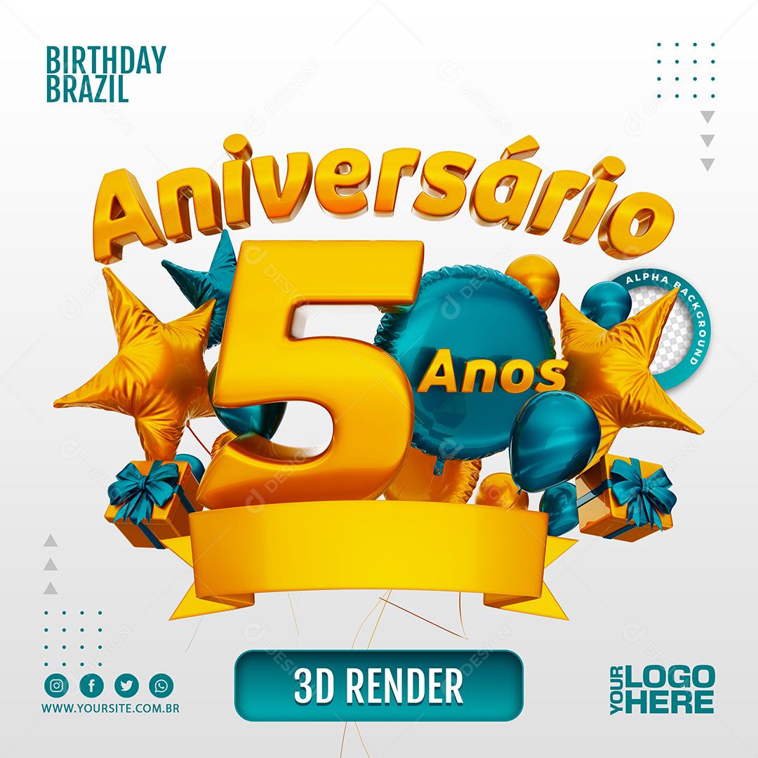 Aniversário 5 Anos Selo 3D Azul para Composição PSD