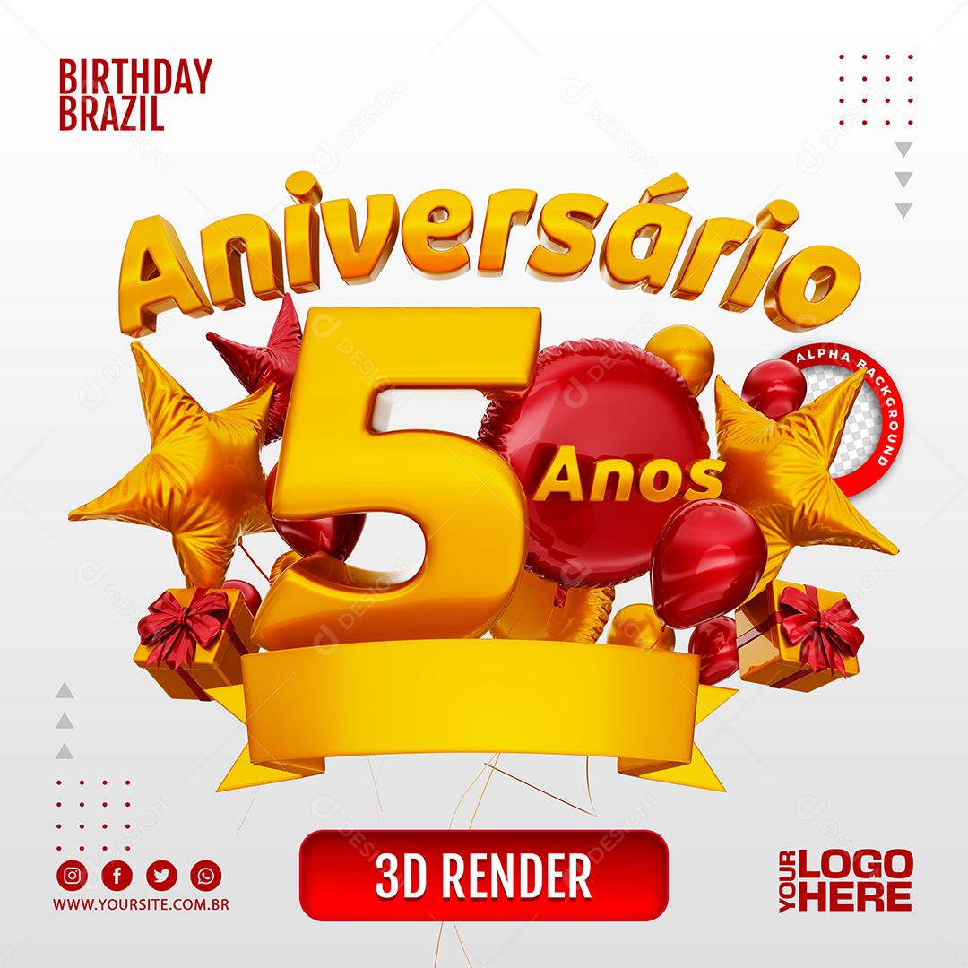 Aniversário 5 Anos Selo 3D Vermelho para Composição PSD