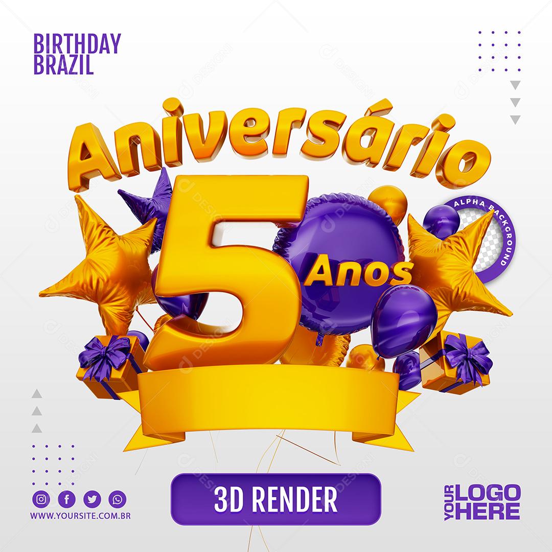 Aniversário 5 Anos Selo 3D Roxo para Composição PSD