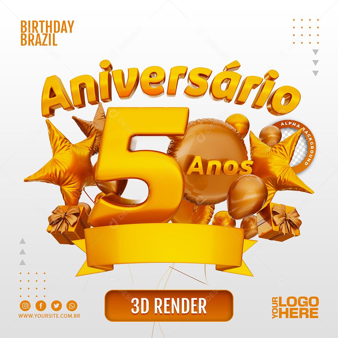 Aniversário 5 Anos Selo 3D Marom Claro para Composição PSD