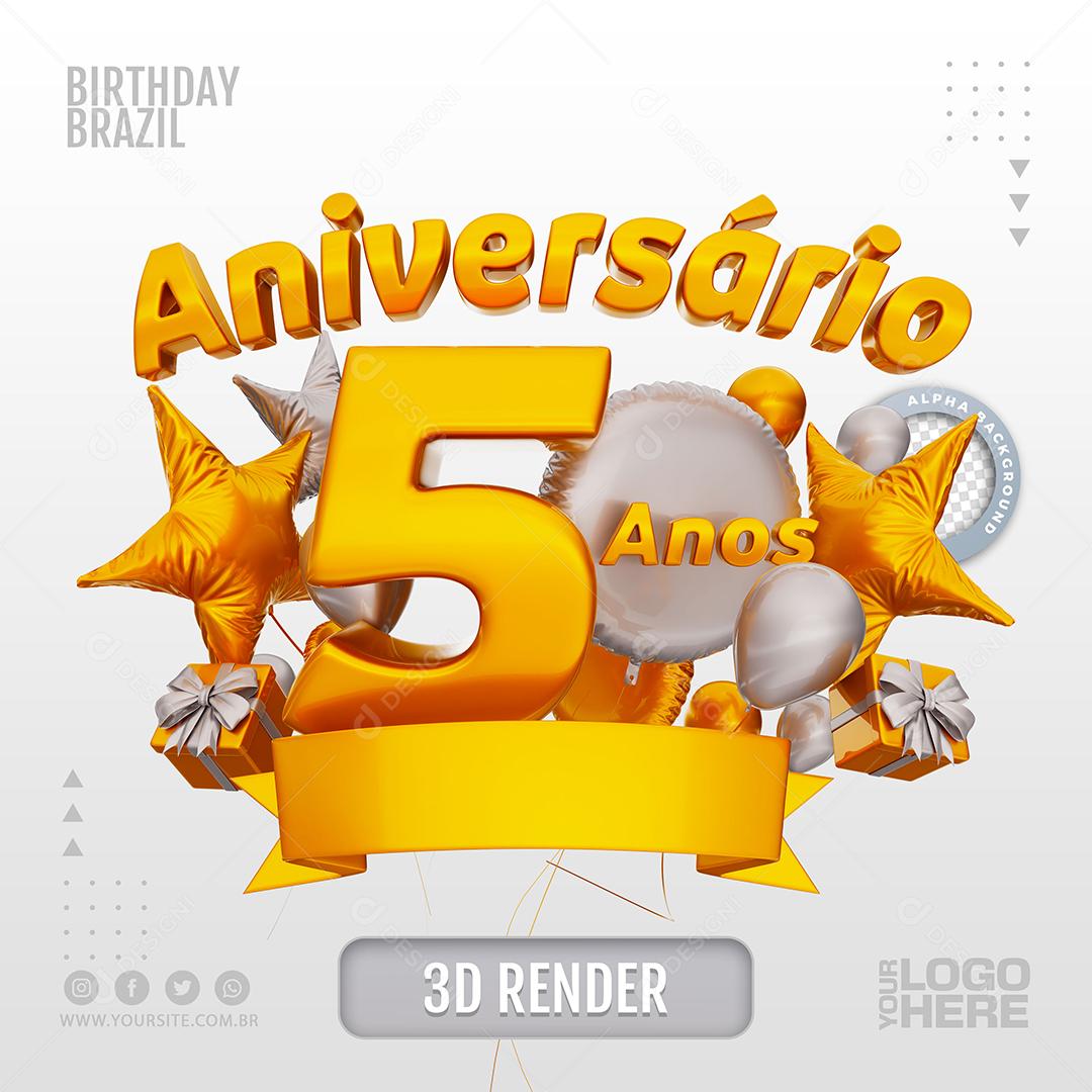Aniversário 5 Anos Selo 3D Branco para Composição PSD