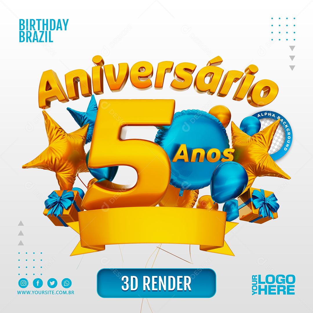 Aniversário 5 Anos Selo 3D Azul Claro para Composição PSD