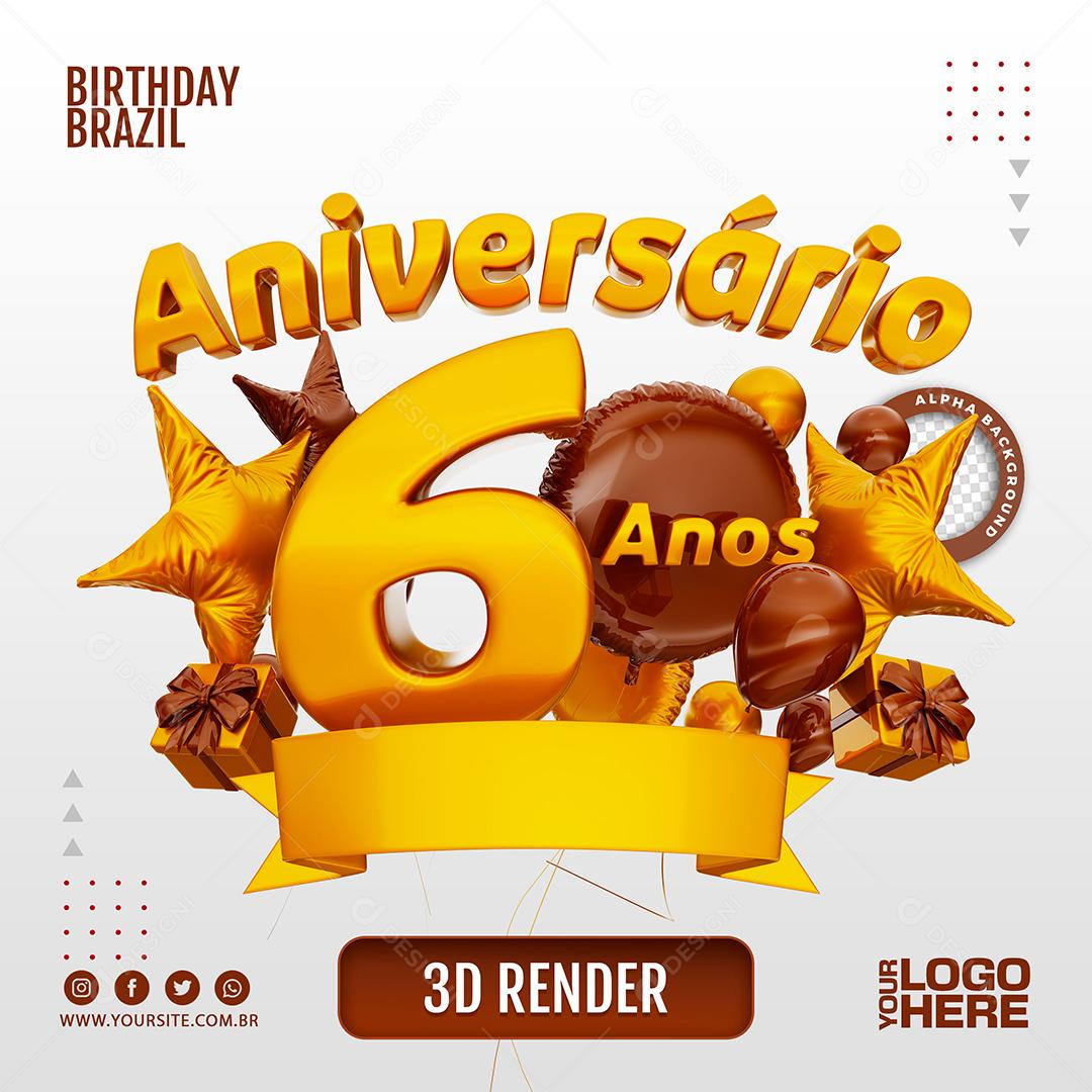 Aniversário 6 Anos Selo 3D Marom para Composição PSD