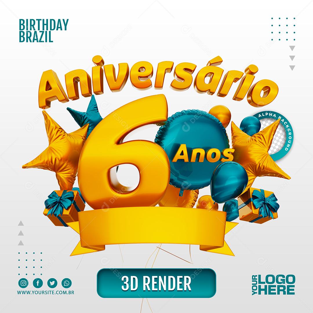 Aniversário 6 Anos Selo 3D Azul para Composição PSD