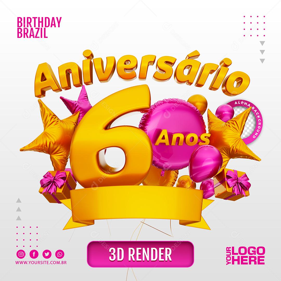 Aniversário 6 Anos Selo 3D Rosa para Composição PSD