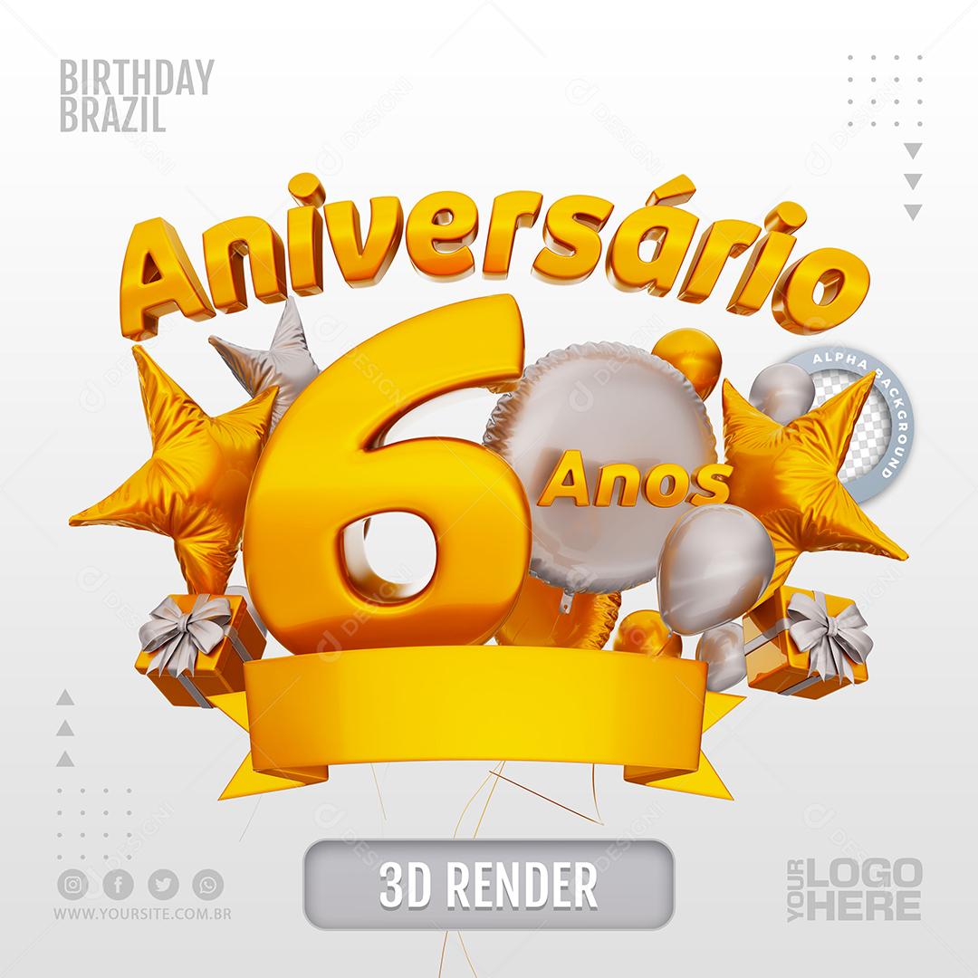 Aniversário 6 Anos Selo 3D Branco para Composição PSD