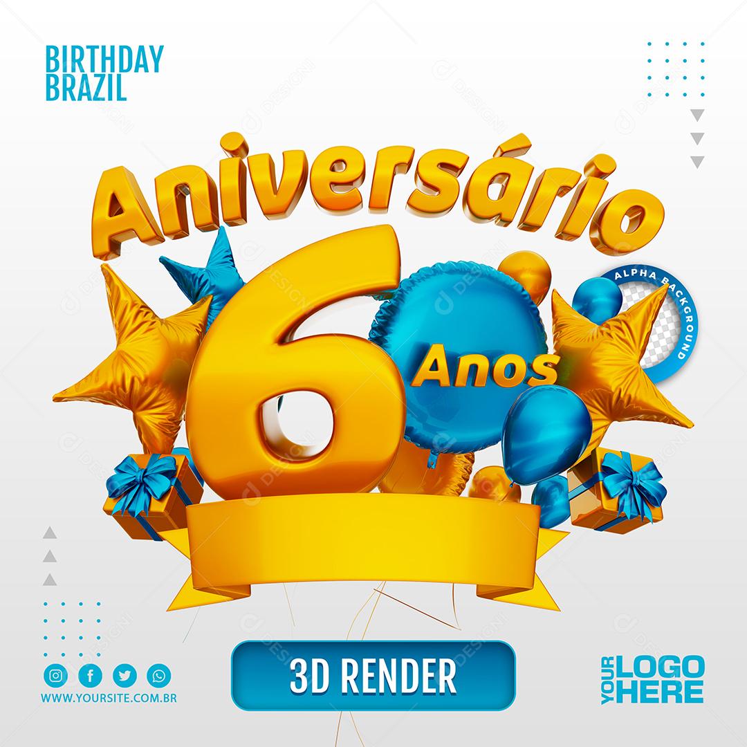 Aniversário 6 Anos Selo 3D Azul Claro para Composição PSD