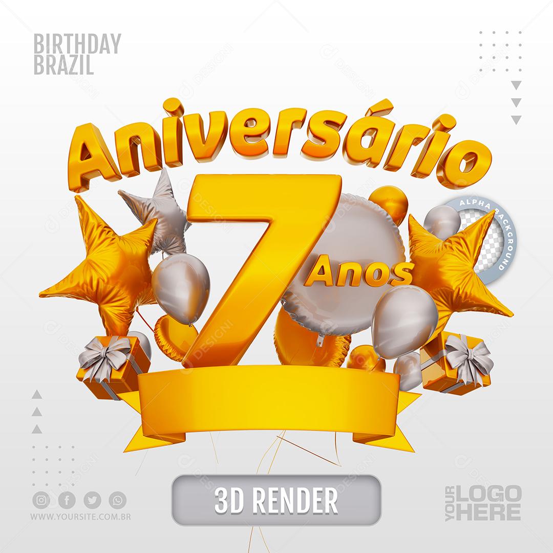 Aniversário 7 Anos Selo 3D Branco para Composição PSD