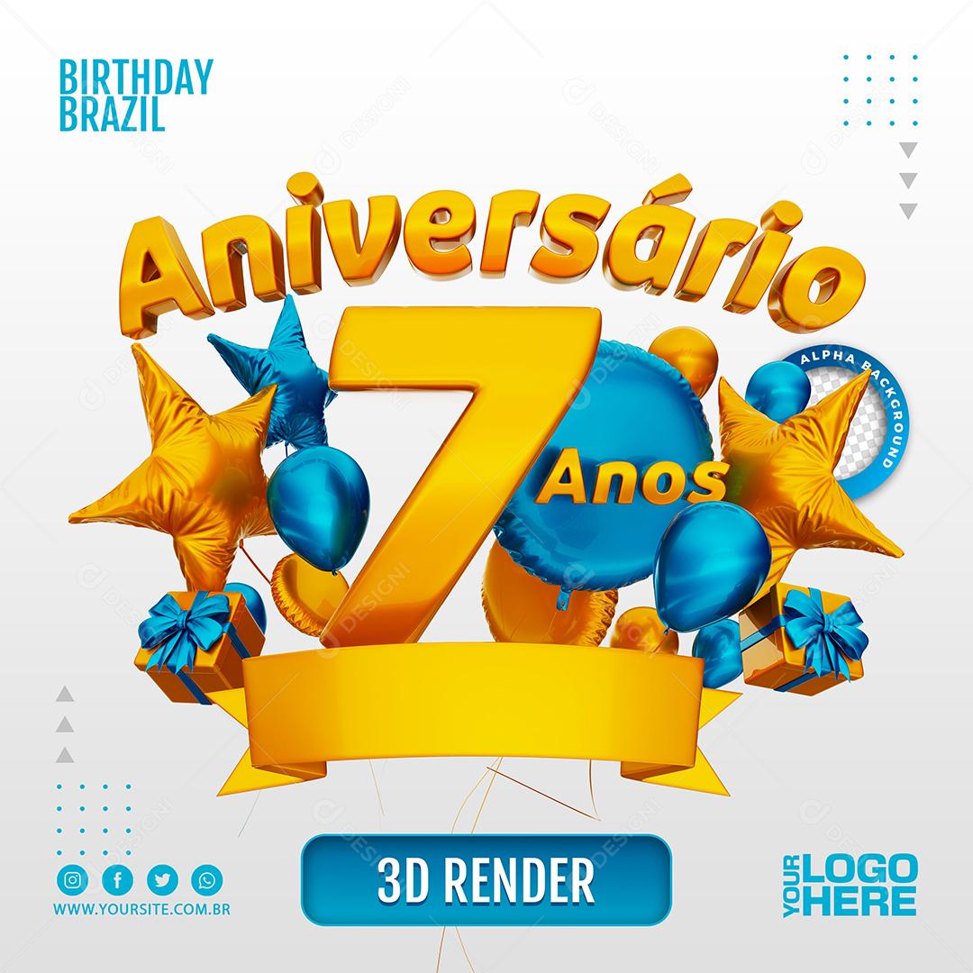 Aniversário 7 Anos Selo 3D Azul Claro para Composição PSD