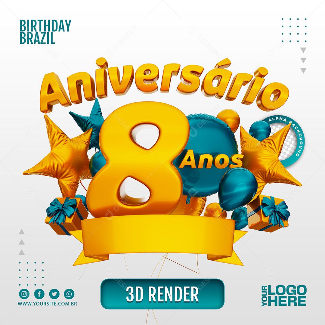 Aniversário 8 Anos Selo 3D Azul para Composição PSD