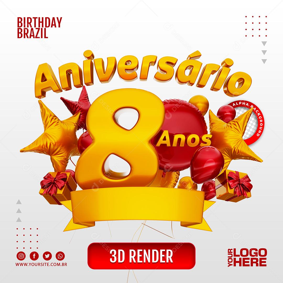 Aniversário 8 Anos Selo 3D Vermelho para Composição PSD