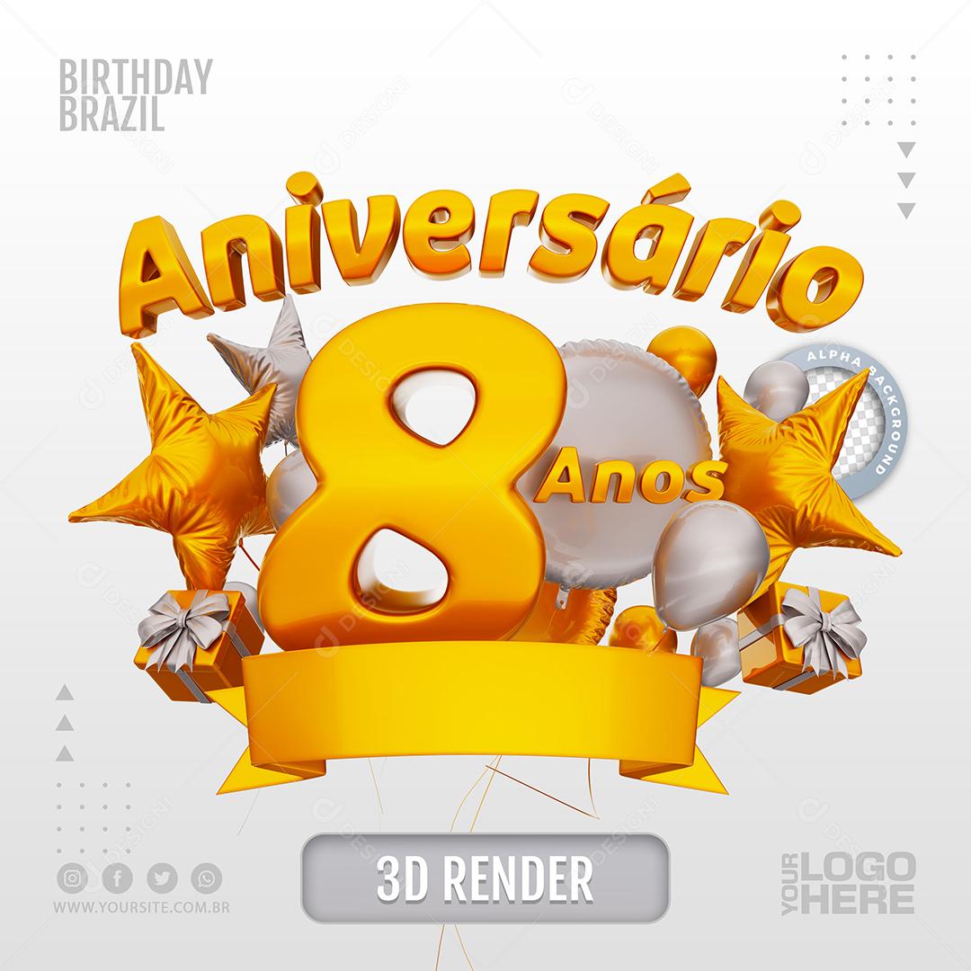 Aniversário 8 Anos Selo 3D Branco para Composição PSD