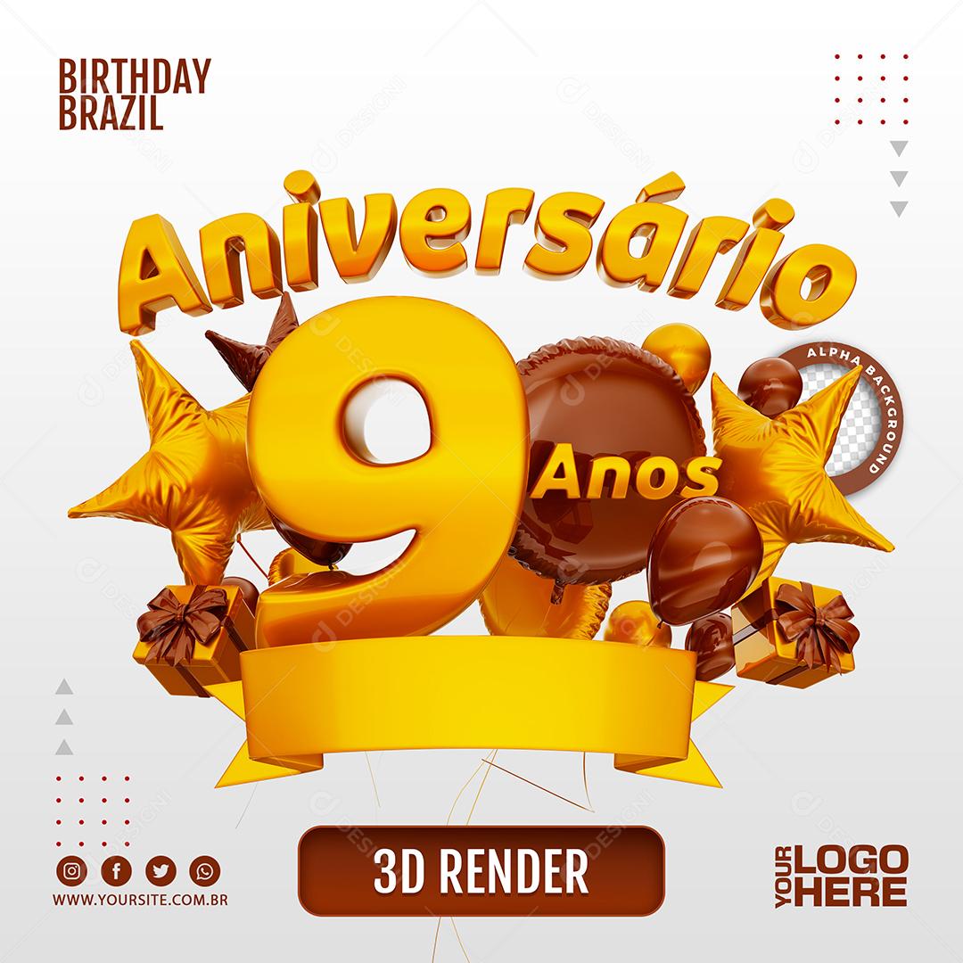 Aniversário 9 Anos Selo 3D Marom para Composição PSD