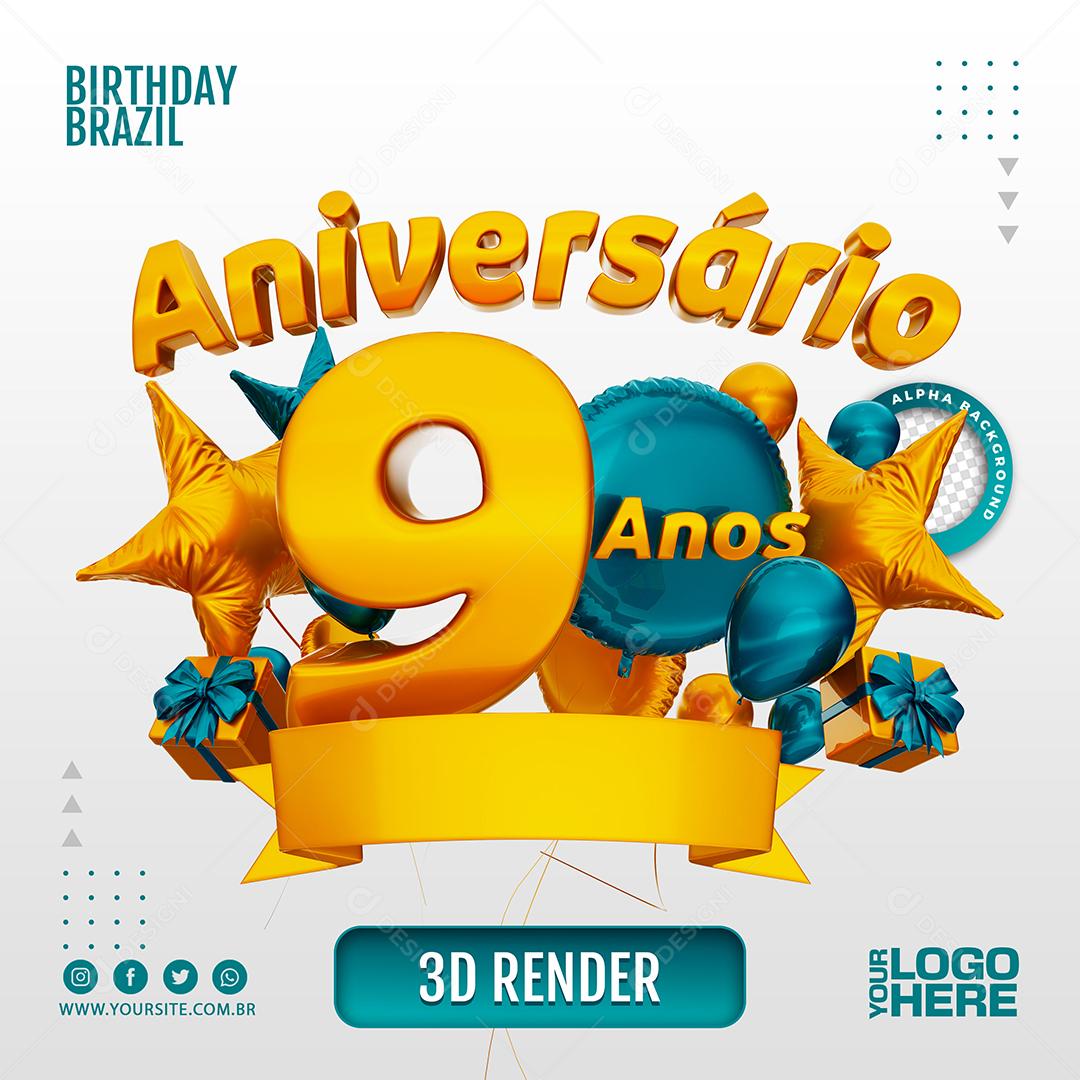 Aniversário 9 Anos Selo 3D Azul para Composição PSD