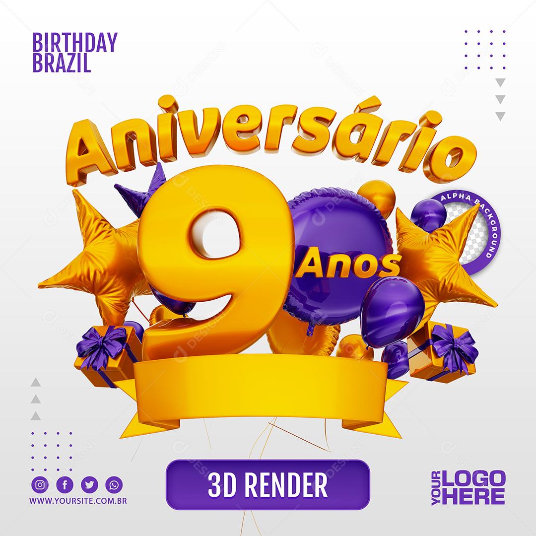 Aniversário 9 Anos Selo 3D Roxo para Composição PSD