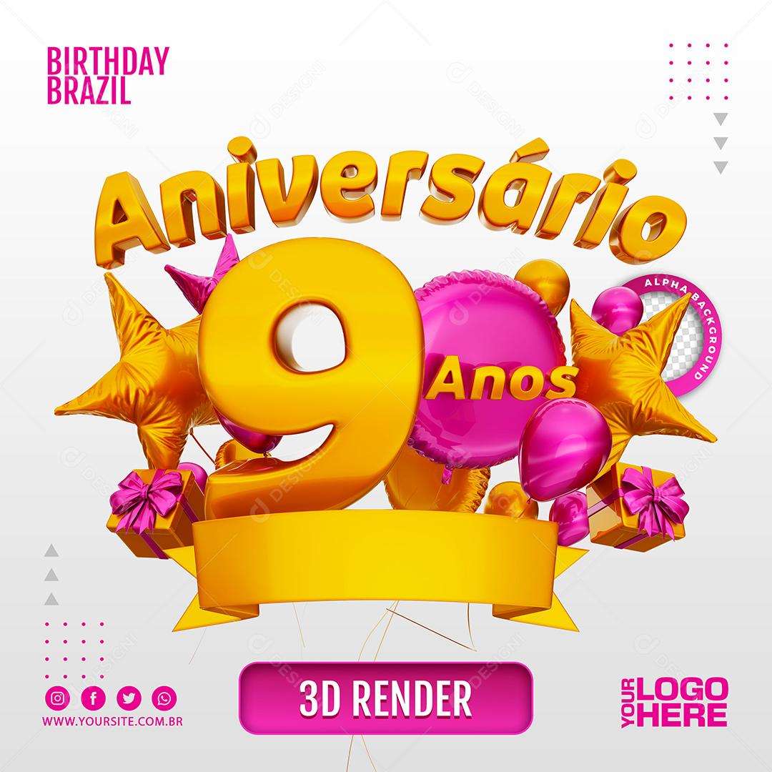 Aniversário 9 Anos Selo 3D Rosa para Composição PSD