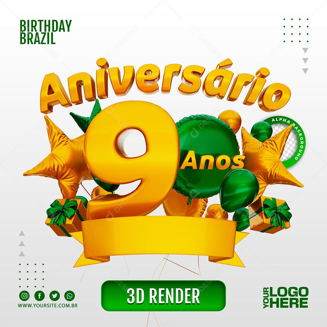 Aniversário 9 Anos Selo 3D Verde para Composição PSD