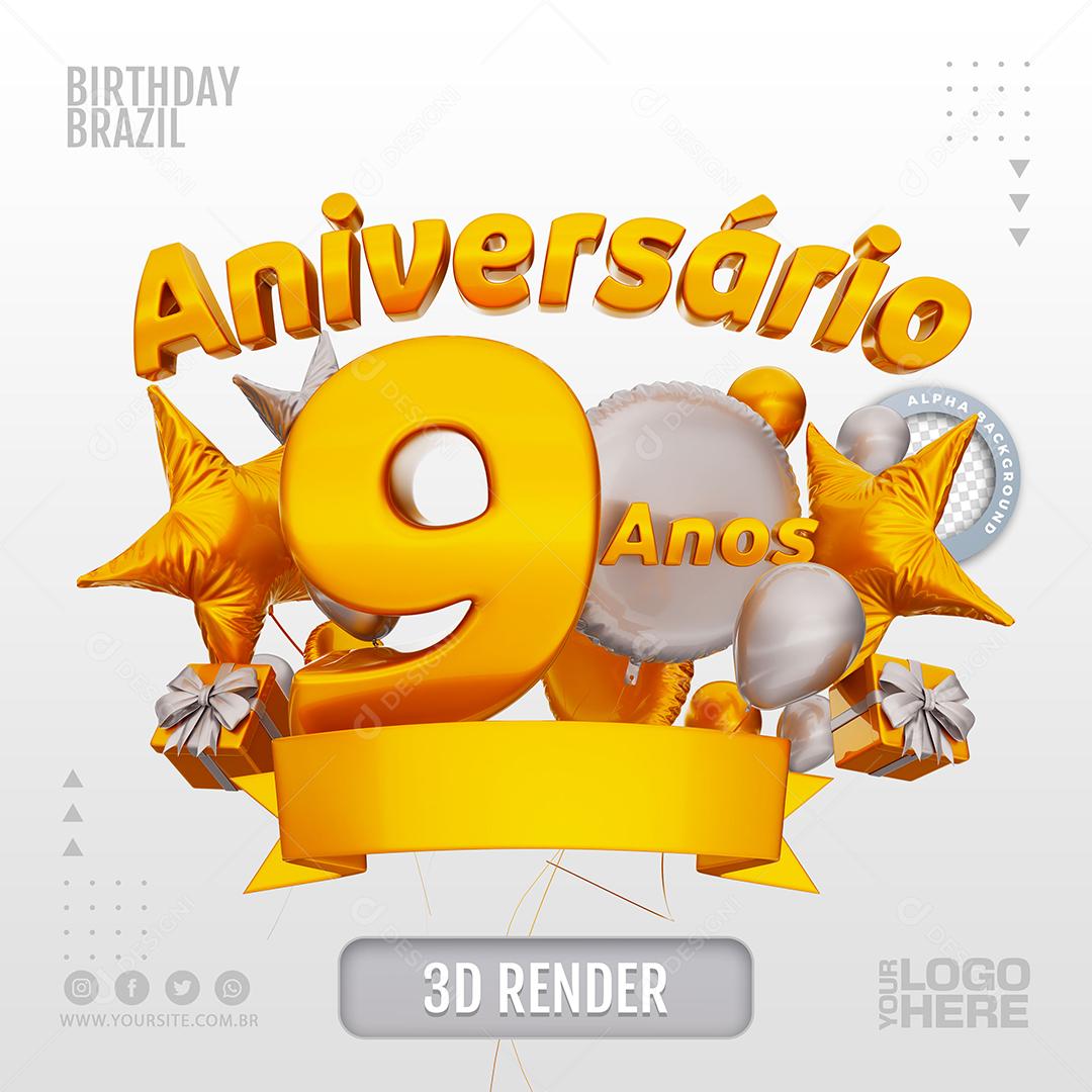 Aniversário 9 Anos Selo 3D Branco para Composição PSD