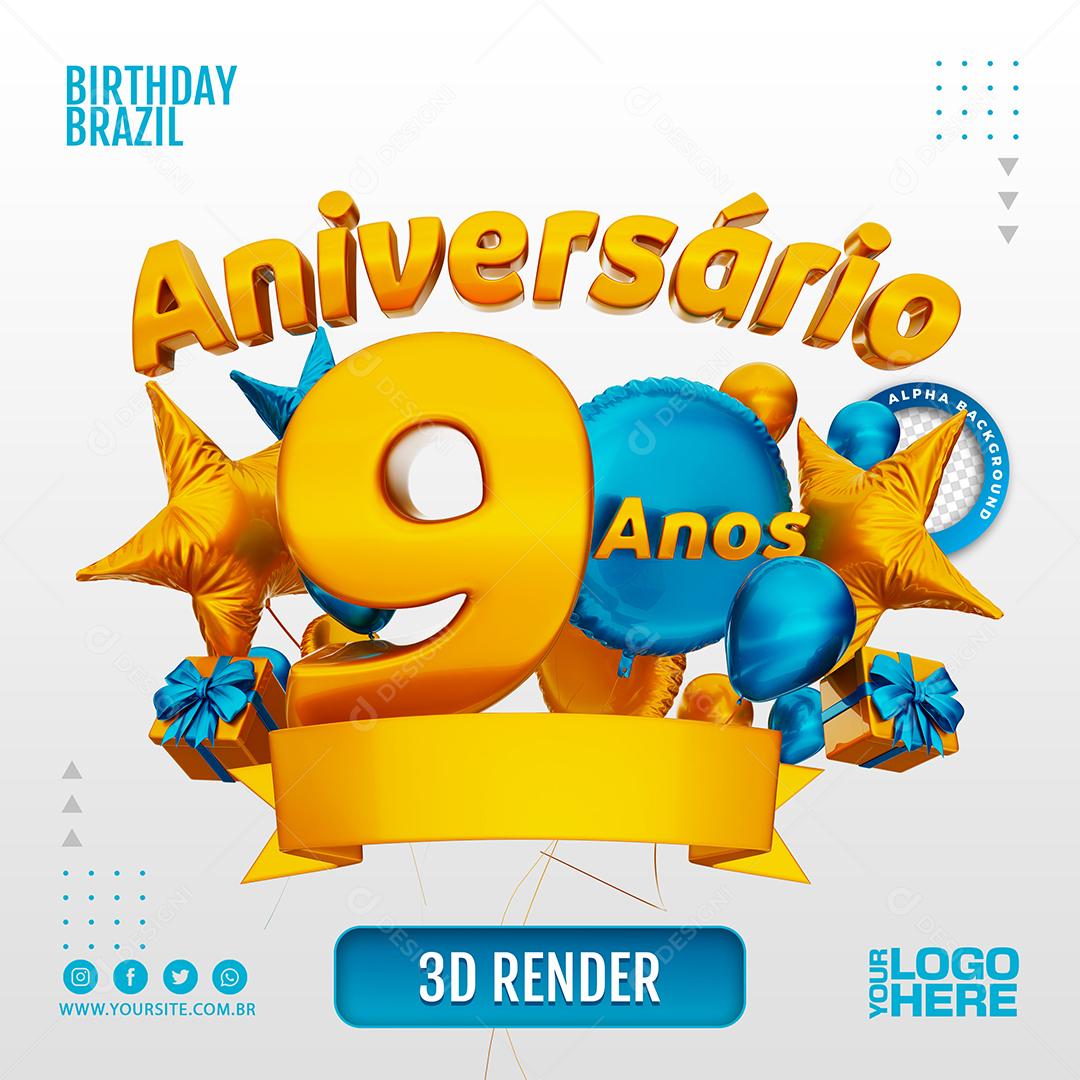Aniversário 9 Anos Selo 3D Azul Claro para Composição PSD