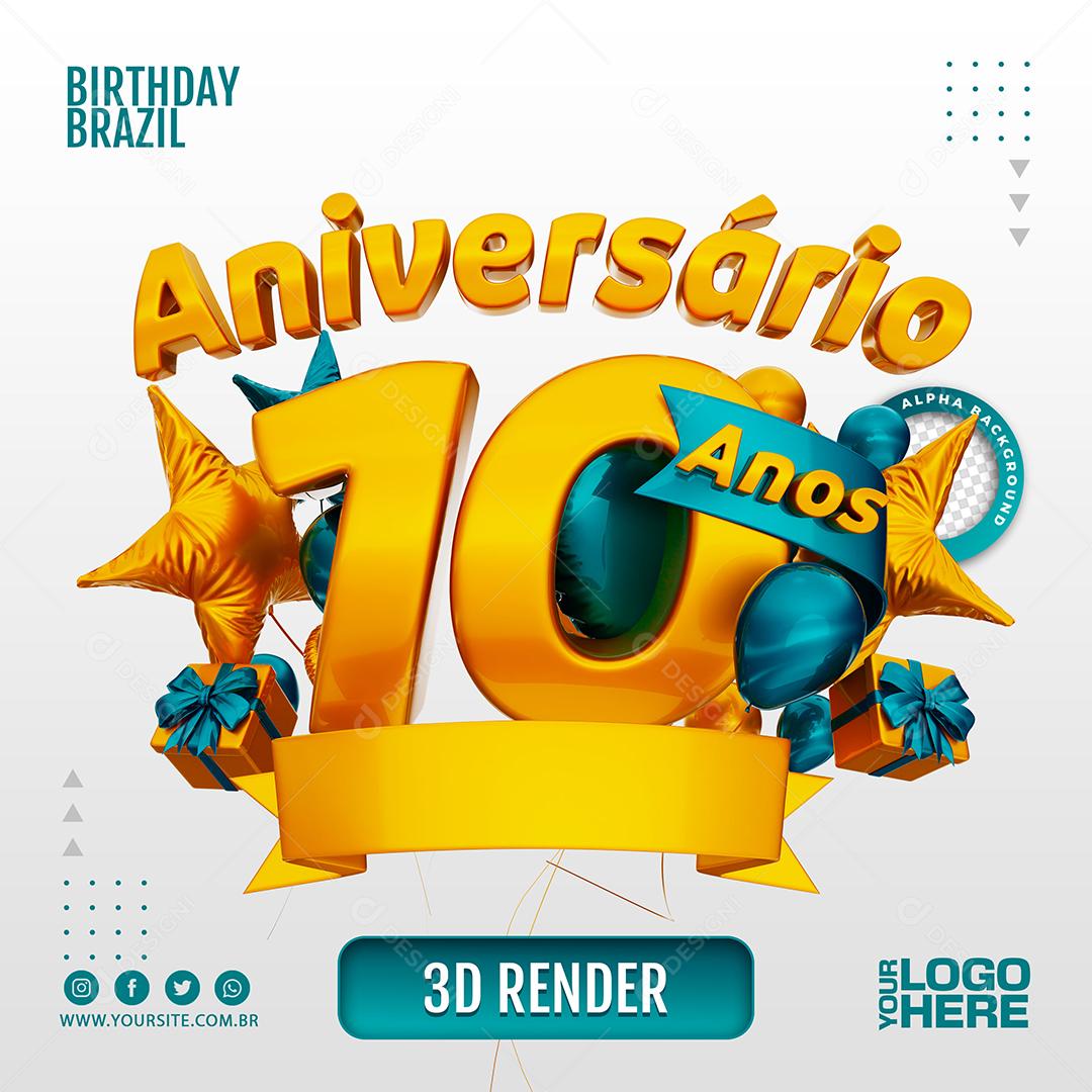 Aniversário 10 Anos Selo 3D Azul para Composição PSD