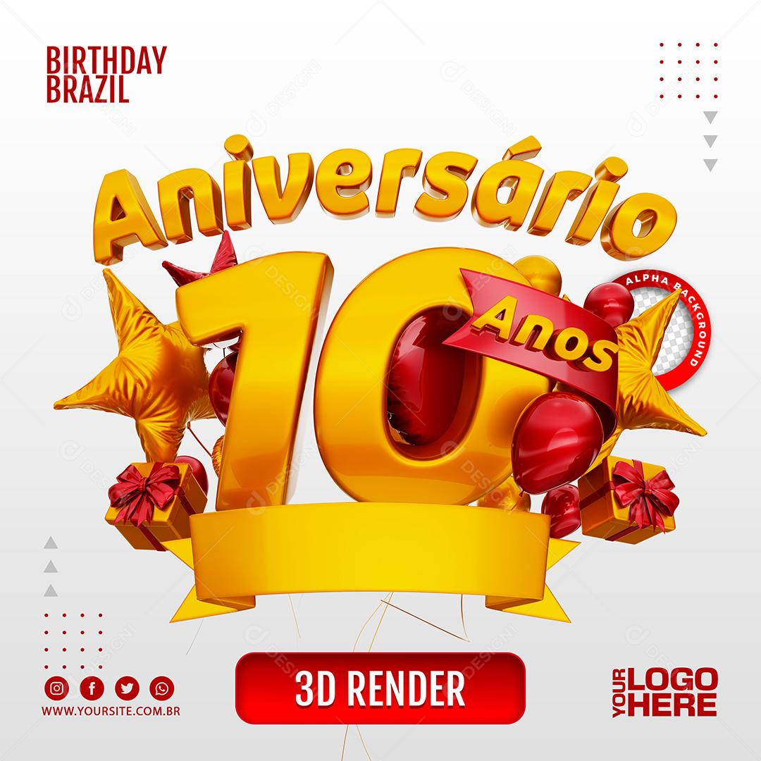 Aniversário 10 Anos Selo 3D Vermelho para Composição PSD