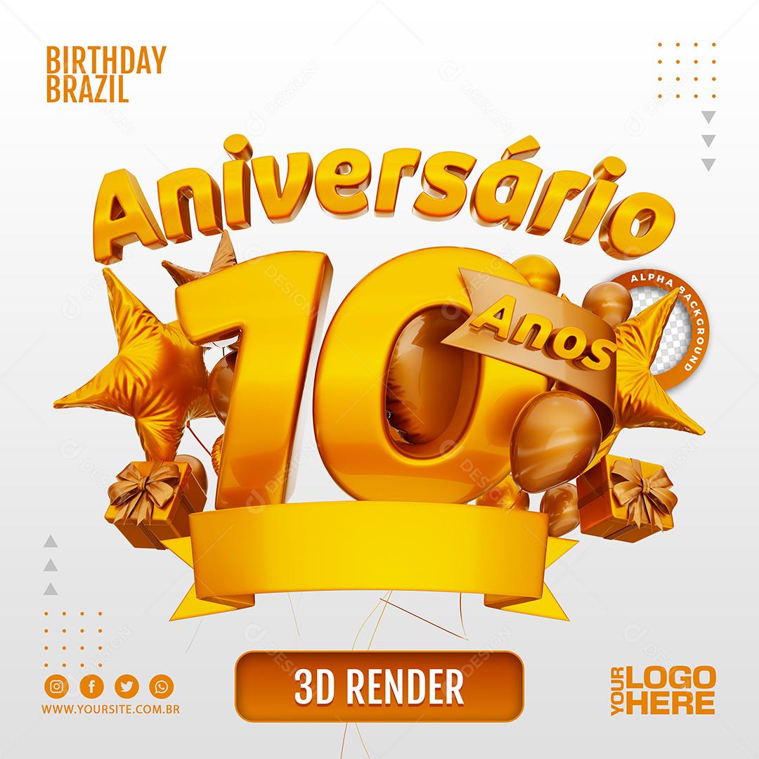 Aniversário 10 Anos Selo 3D Marom Claro para Composição PSD