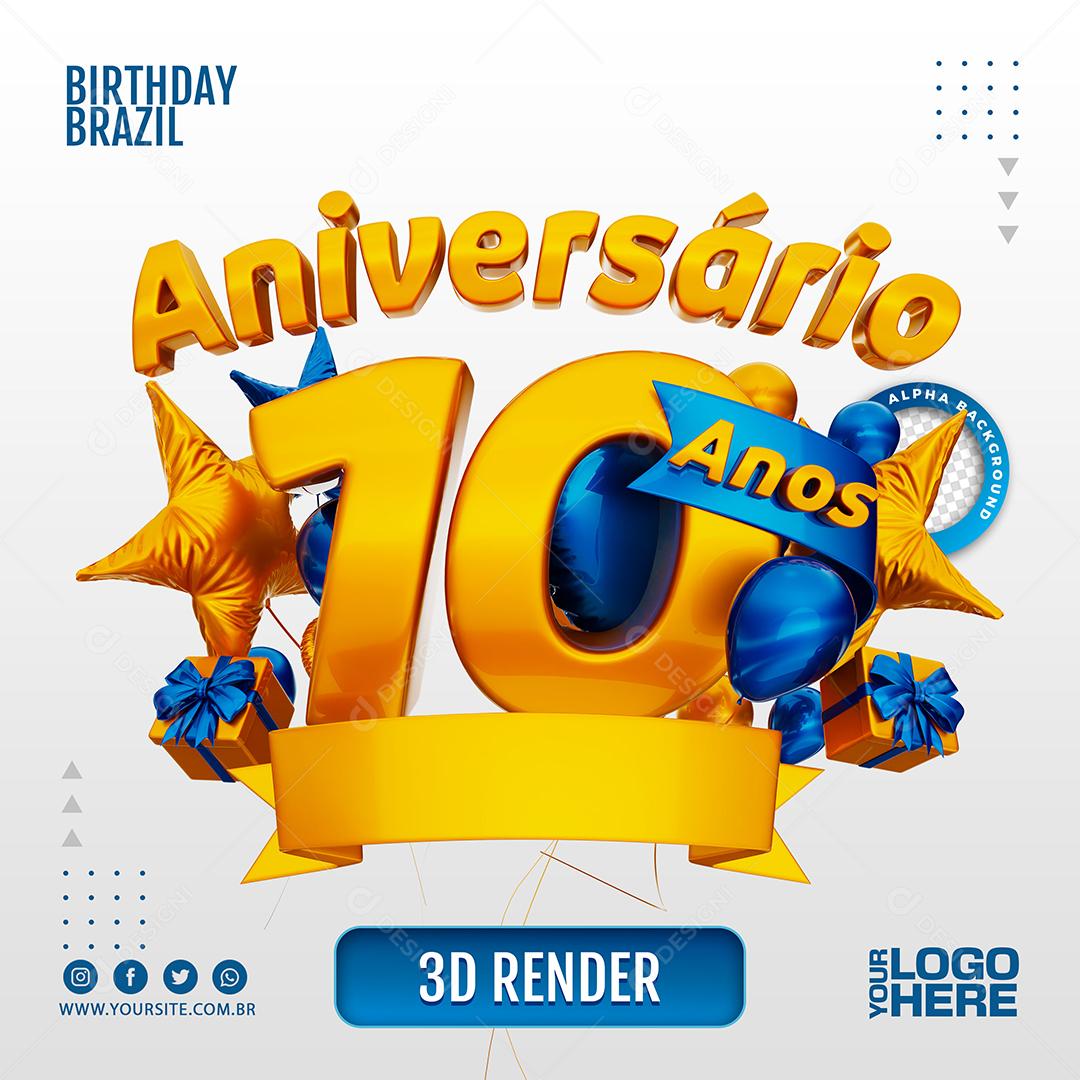 Aniversário 10 Anos Selo 3D Azul Escuro para Composição PSD