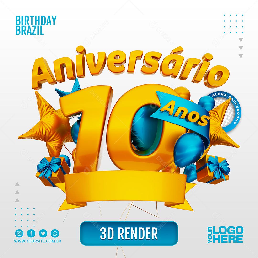 Aniversário 10 Anos Selo 3D Azul Claro para Composição PSD