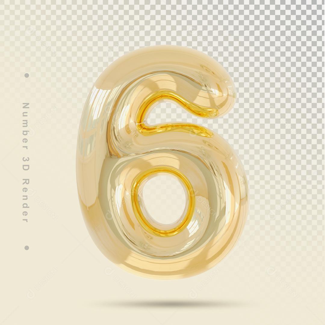 Número 3D 6 Dourado Para composição PSD