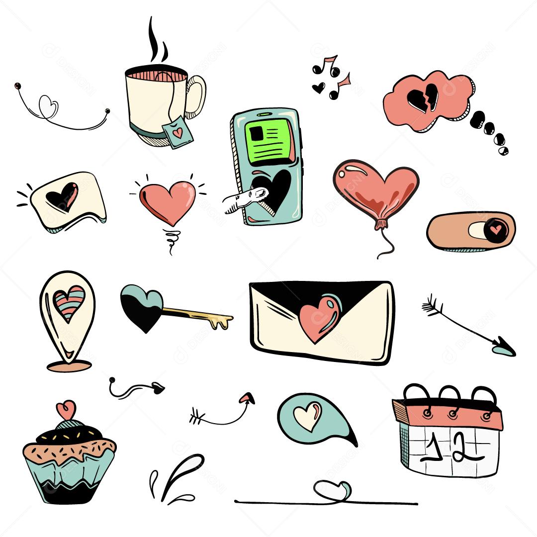 Conjunto de ilustrações com corações, para dia dos namorados Vetor EPS