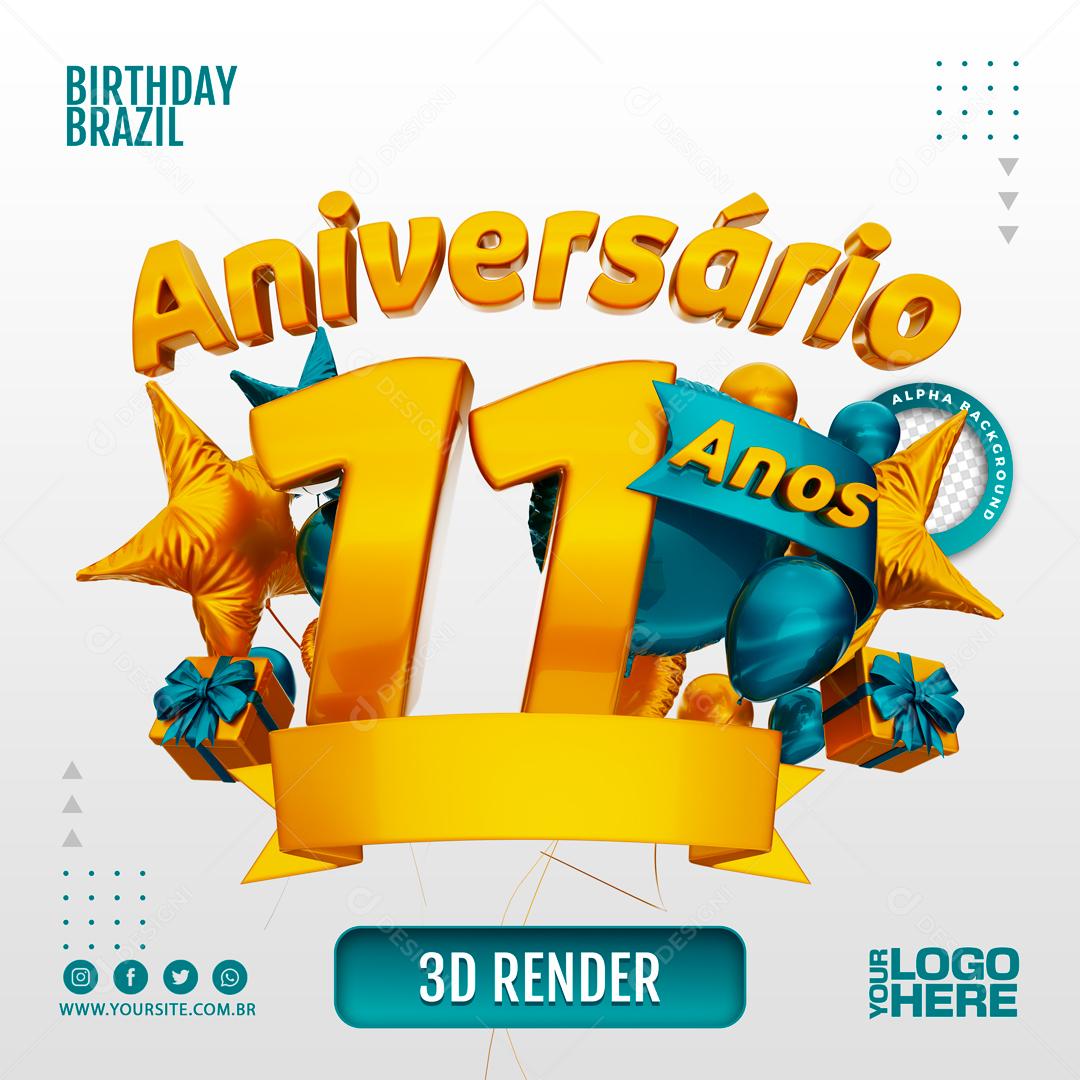 Aniversário 11 Anos Selo 3D Azul para Composição PSD