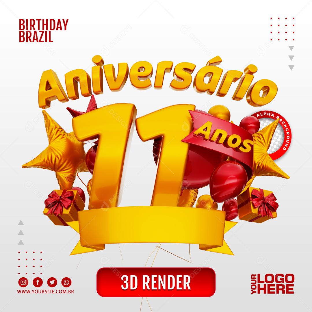 Aniversário 11 Anos Selo 3D Vermelho para Composição PSD