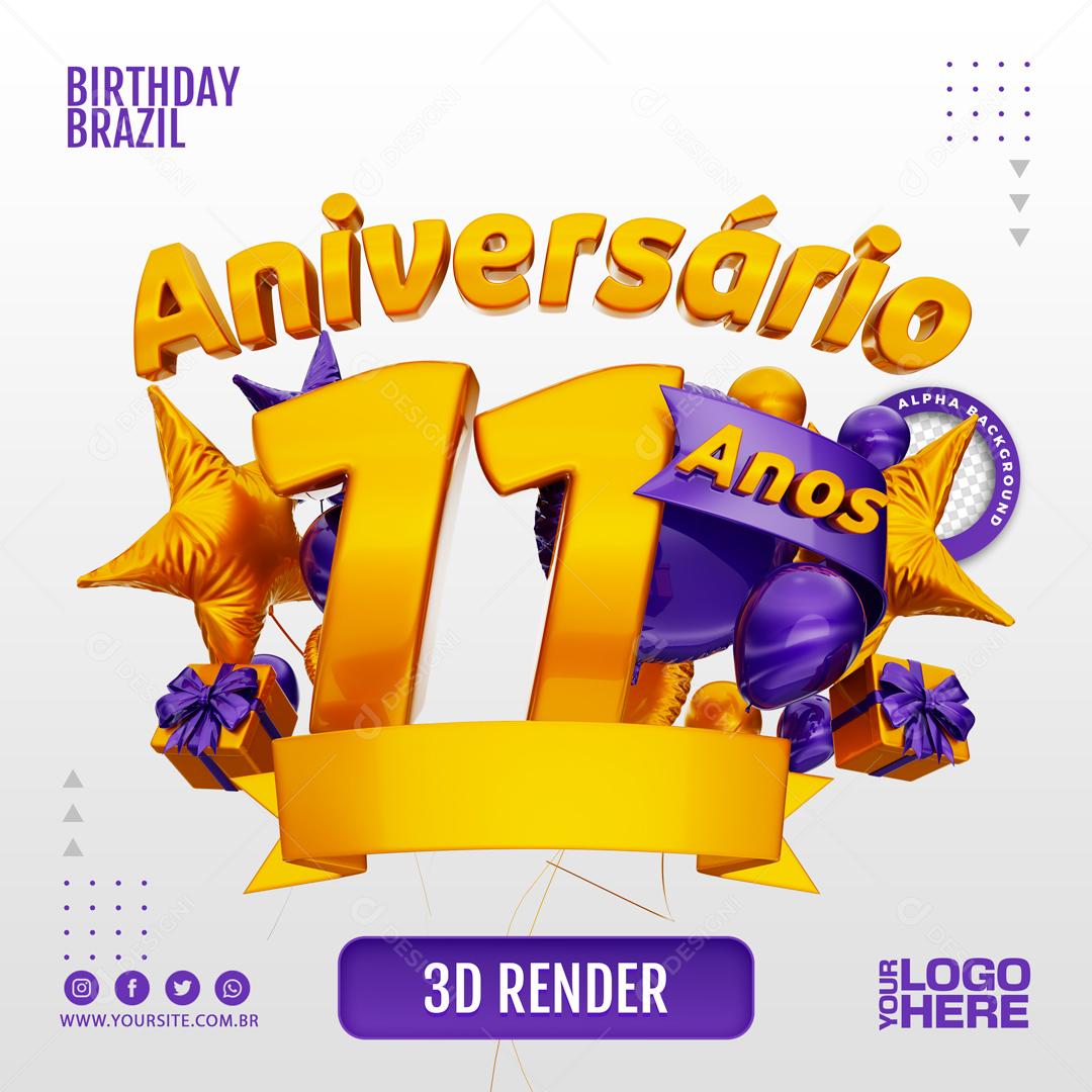 Aniversário 11 Anos Selo 3D Roxo para Composição PSD