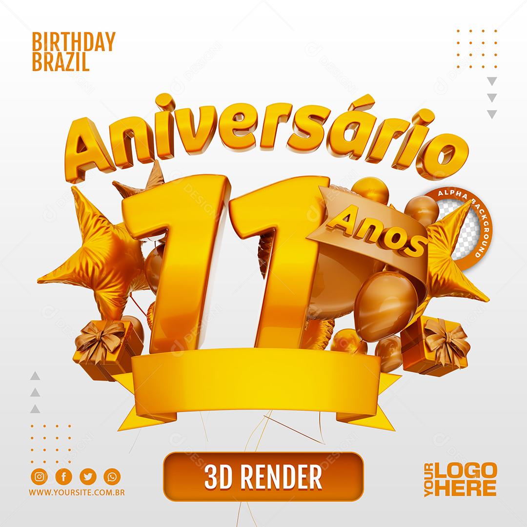 Aniversário 11 Anos Selo 3D Marom Claro para Composição PSD