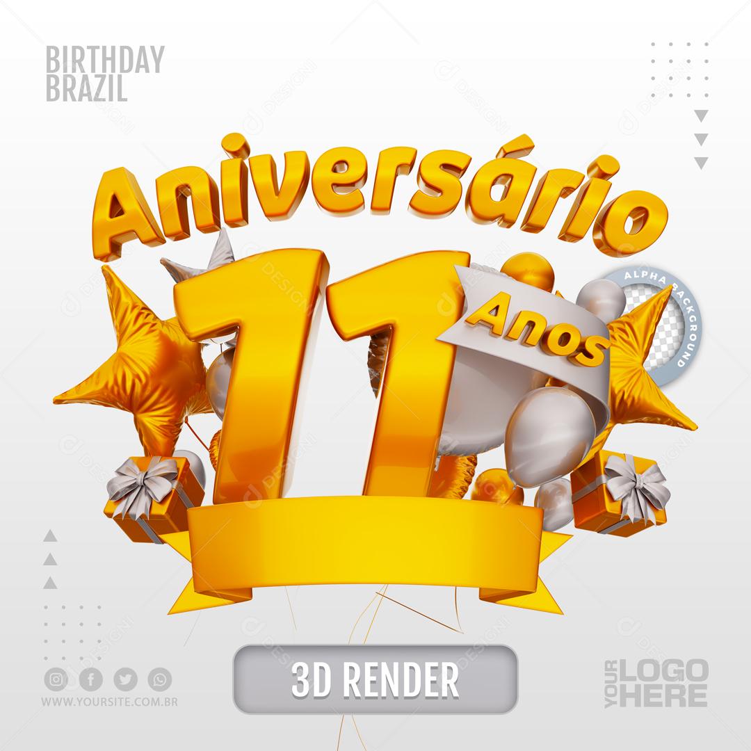 Aniversário 11 Anos Selo 3D Branco para Composição PSD