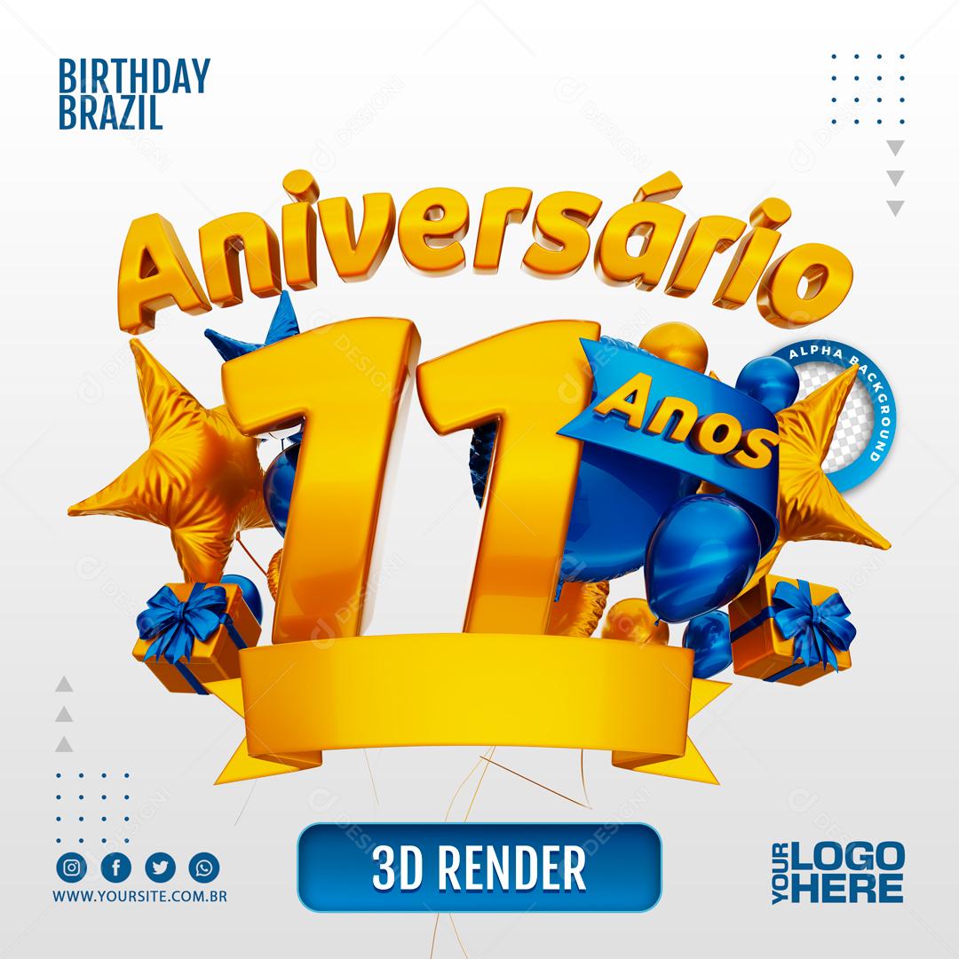 Aniversário 11 Anos Selo 3D Azul Escuro para Composição PSD