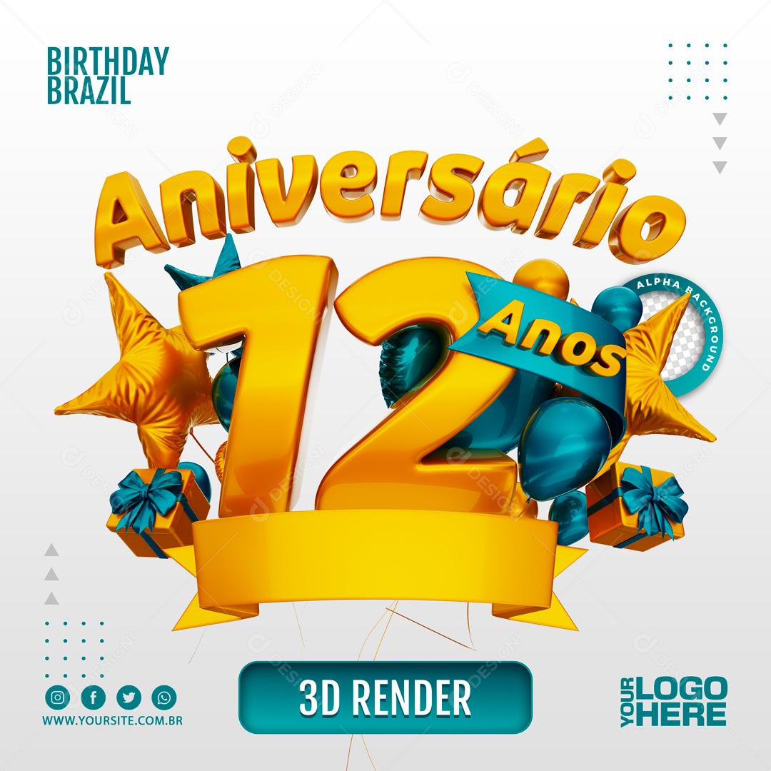 Aniversário 12 Anos Selo 3D Azul para Composição PSD