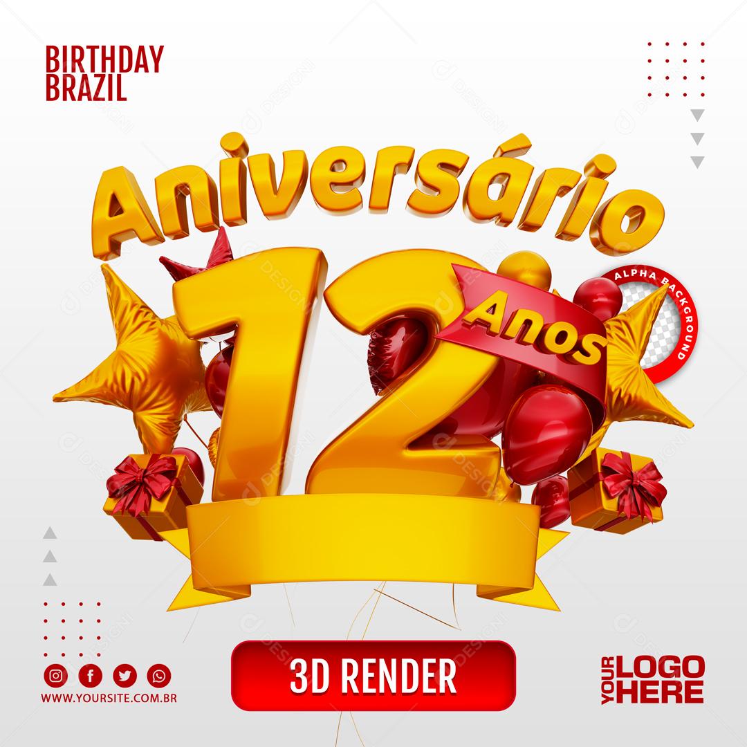 Aniversário 12 Anos Selo 3D Vermelho para Composição PSD