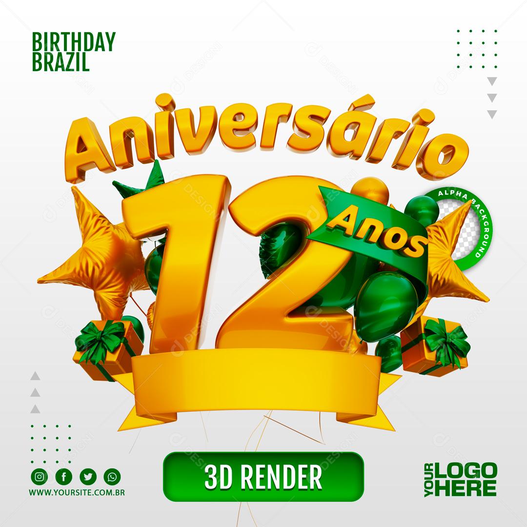 Aniversário 12 Anos Selo 3D Verde para Composição PSD