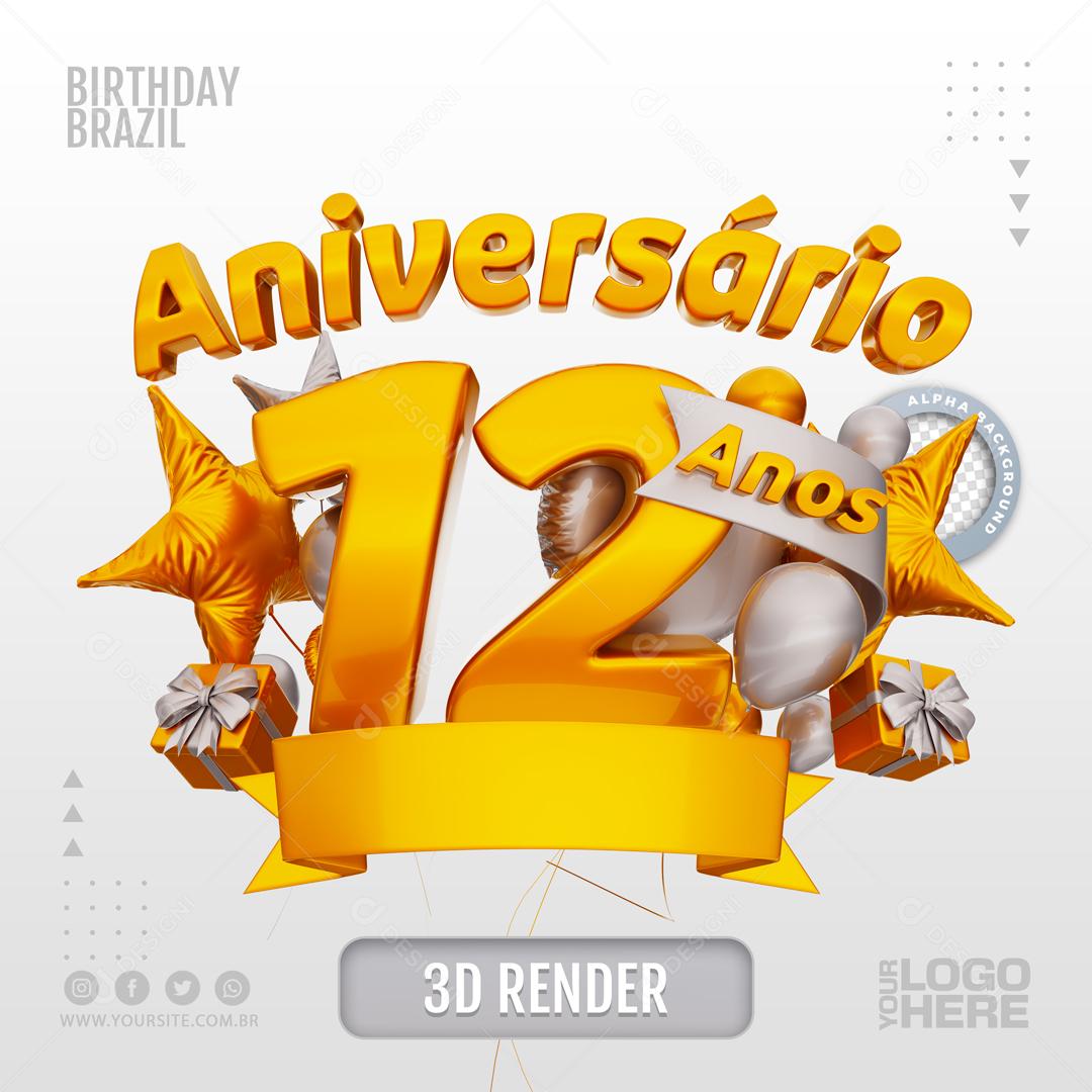 Aniversário 12 Anos Selo 3D Branco para Composição PSD