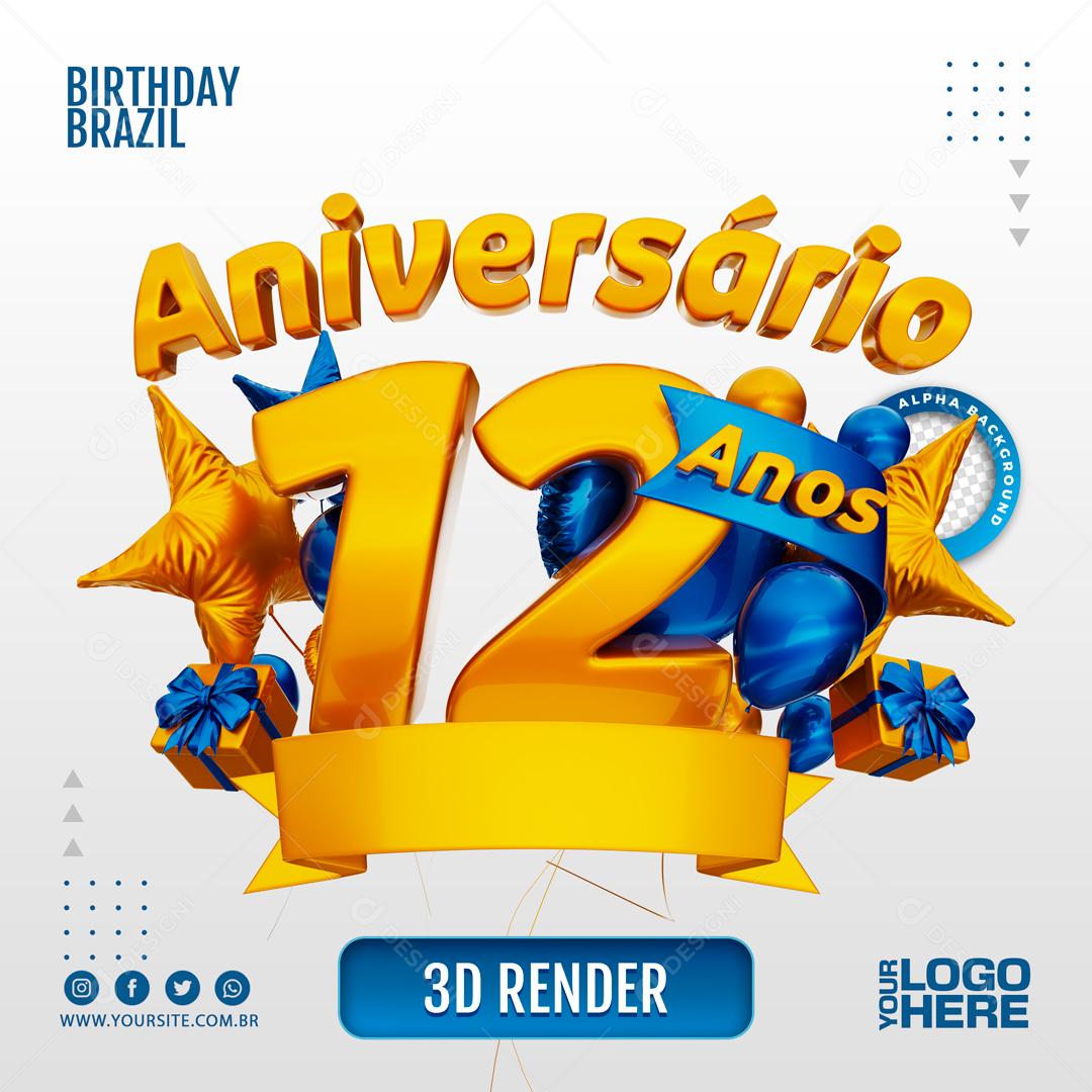 Aniversário 12 Anos Selo 3D Azul Escuro para Composição PSD