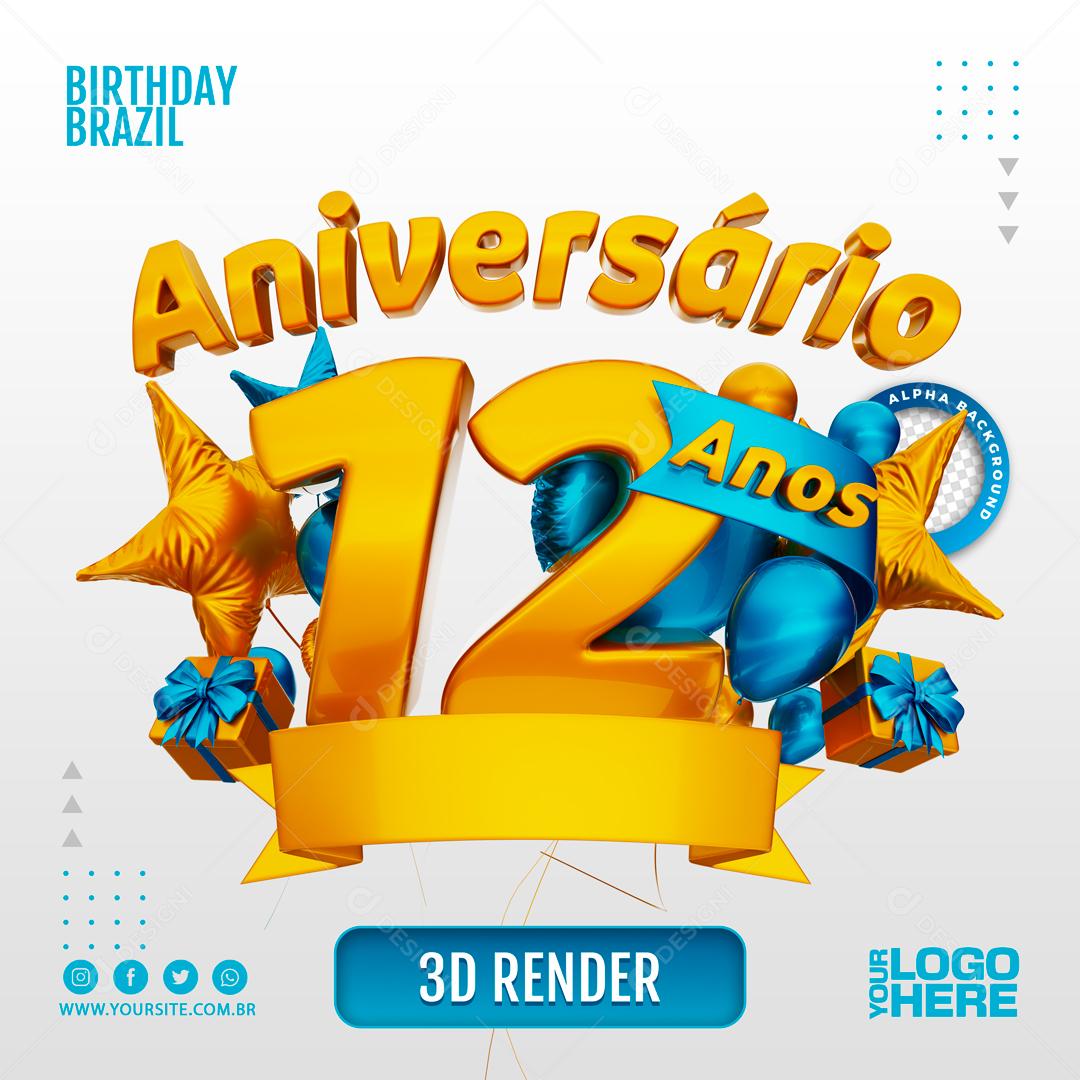 Aniversário 12 Anos Selo 3D Azul Claro para Composição PSD