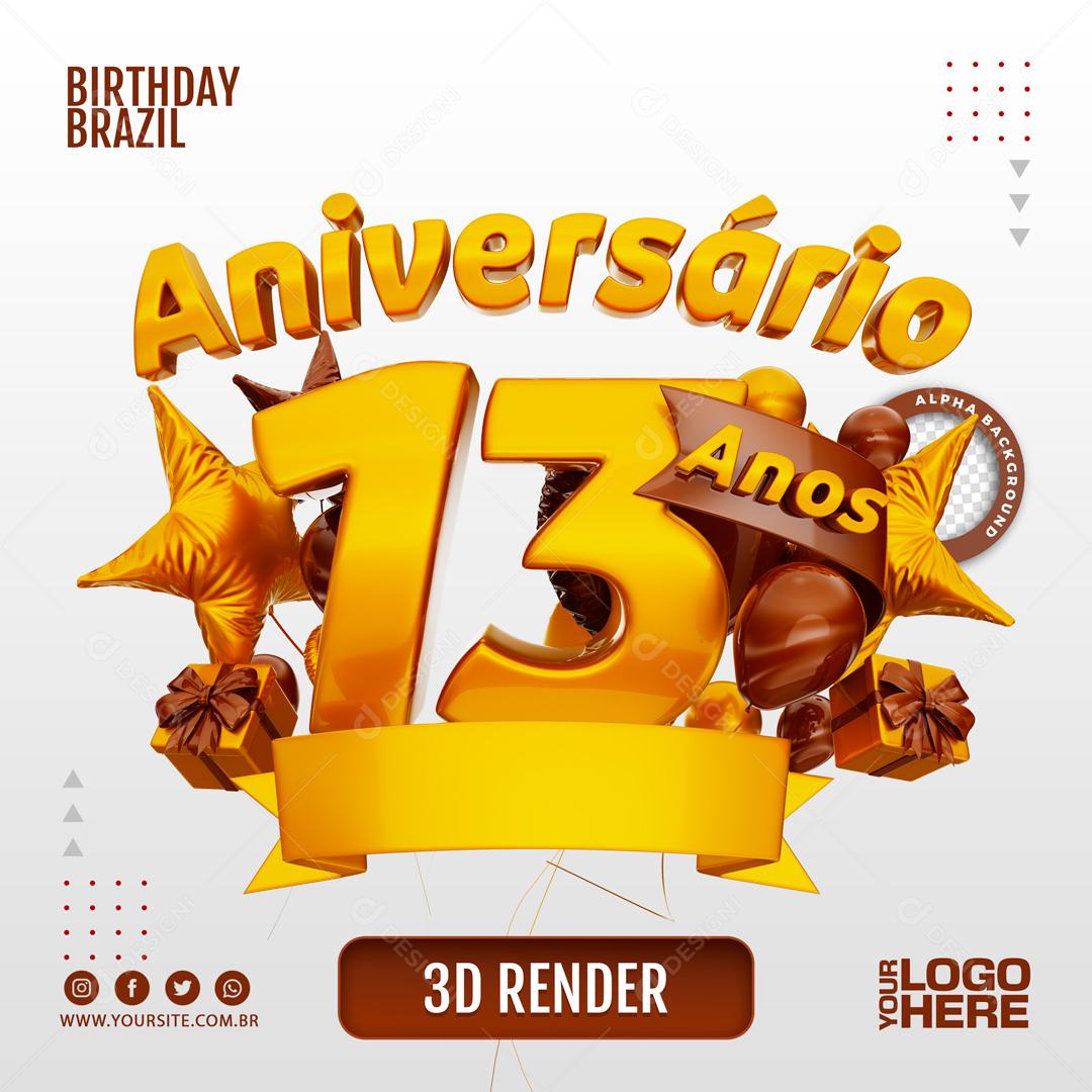 Aniversário 13 Anos Selo 3D Marom para Composição PSD