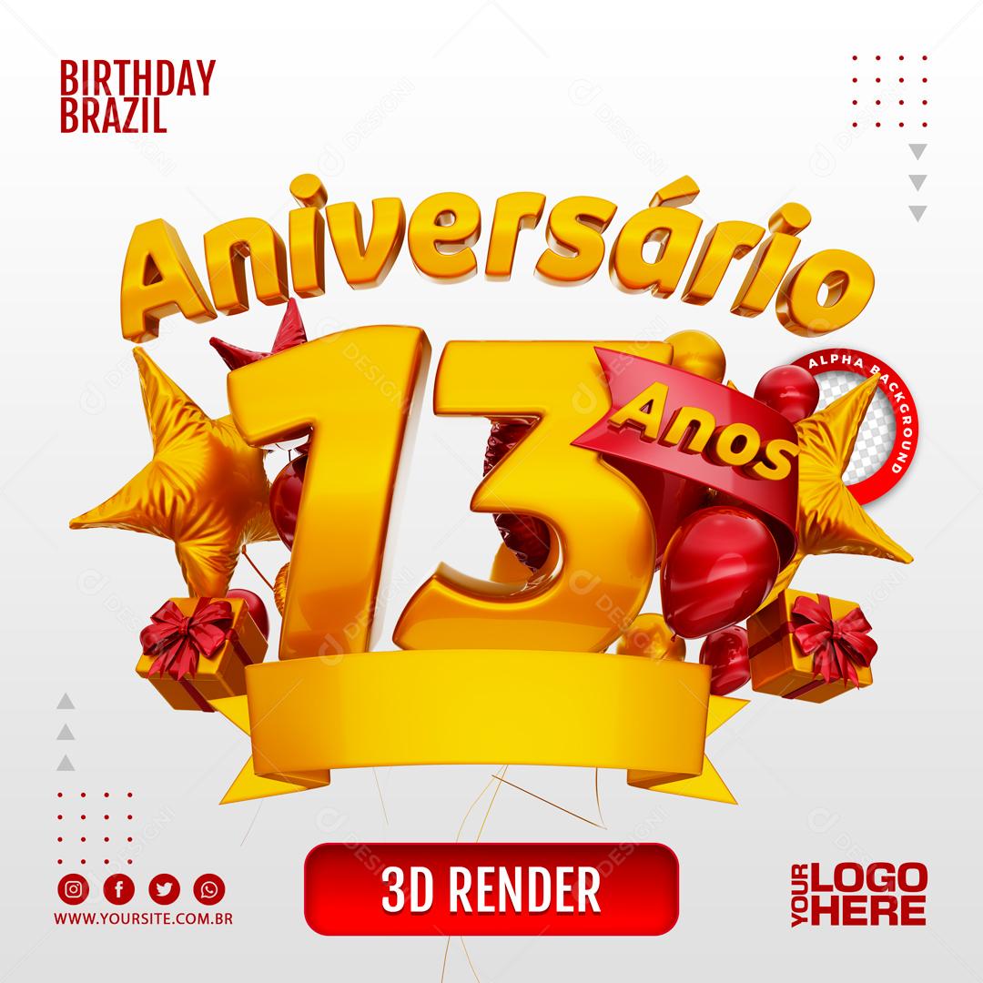 Aniversário 13 Anos Selo 3D Vermelho para Composição PSD