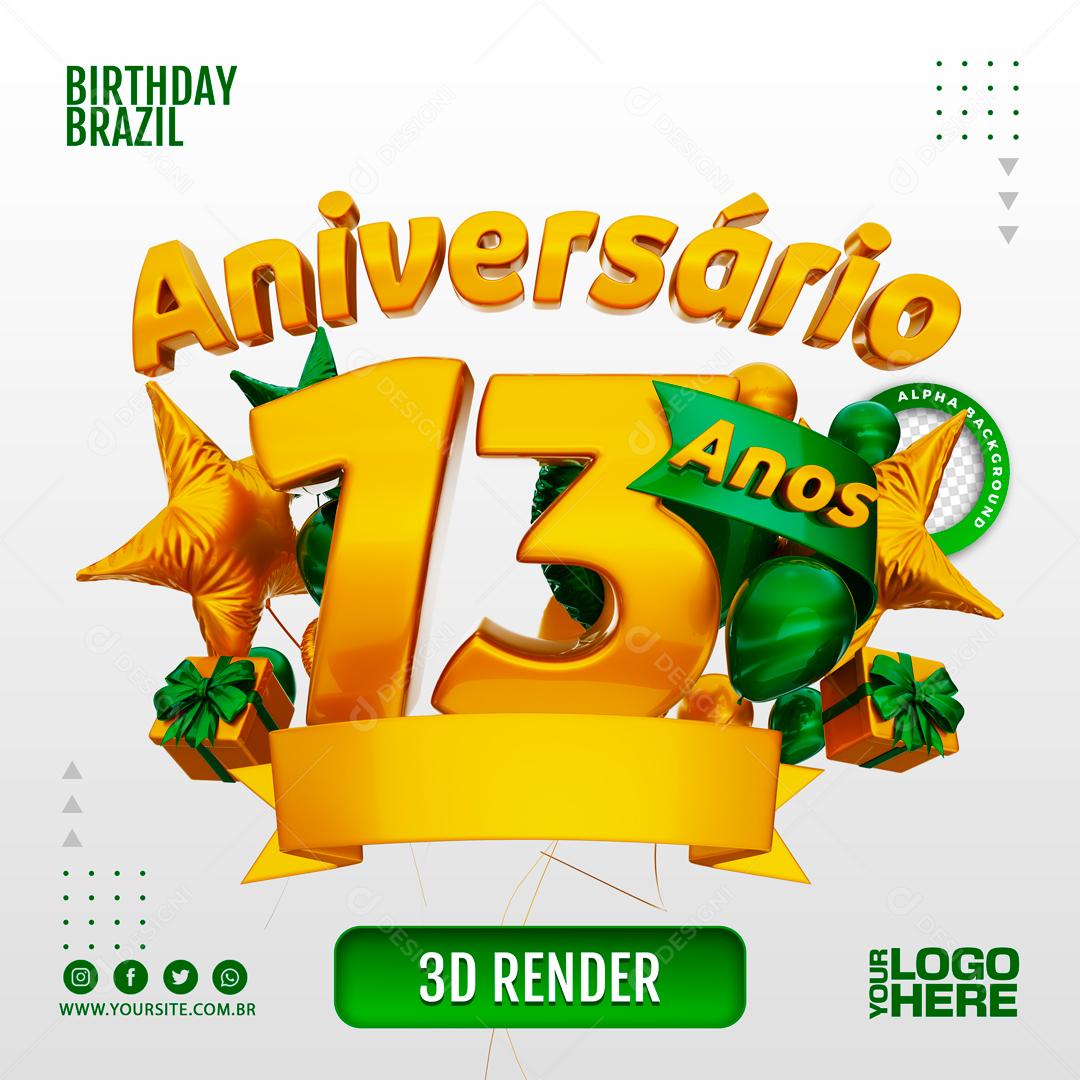 Aniversário 13 Anos Selo 3D Verde para Composição PSD