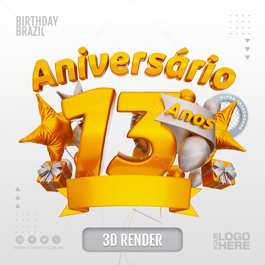 Aniversário 13 Anos Selo 3D Branco para Composição PSD
