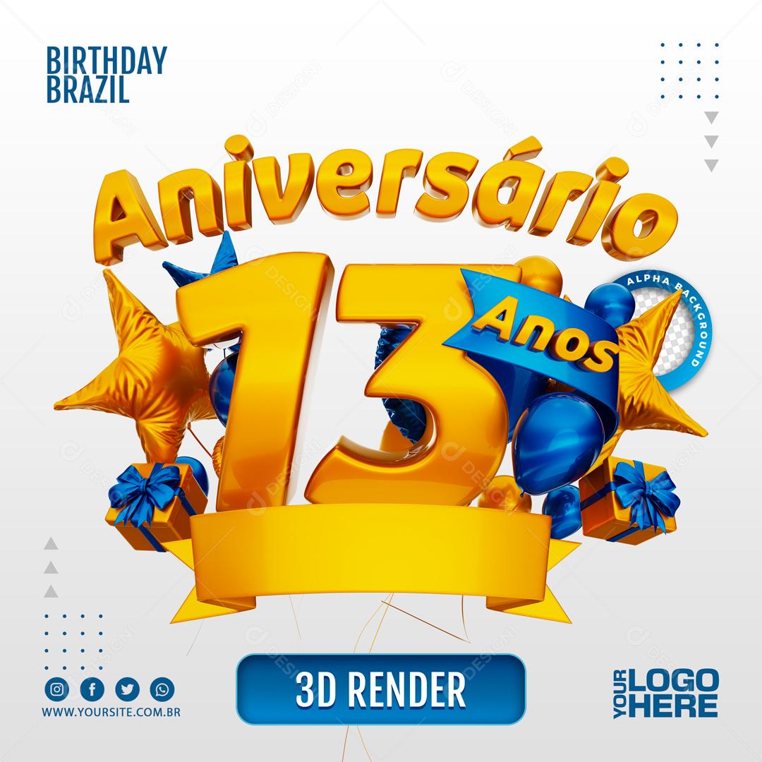 Aniversário 13 Anos Selo 3D Azul Escuro para Composição PSD